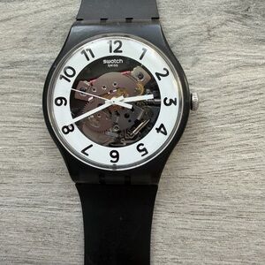 Swatch Black and White Transparent Dial Mechanical-Style Watch